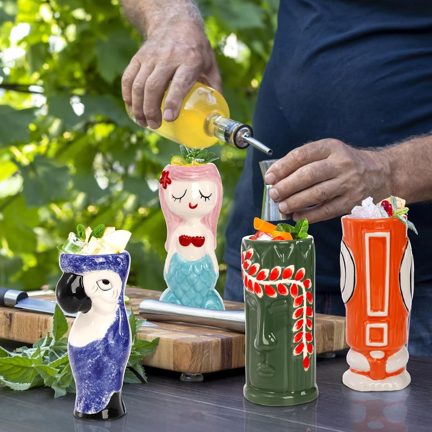 Peohud Paquete de 4 tazas Tiki de cerámica, vasos exóticos Tiki para cócteles, tazas de fiesta hawaianas, vasos tropicales Tiki para Mai Tai, piña