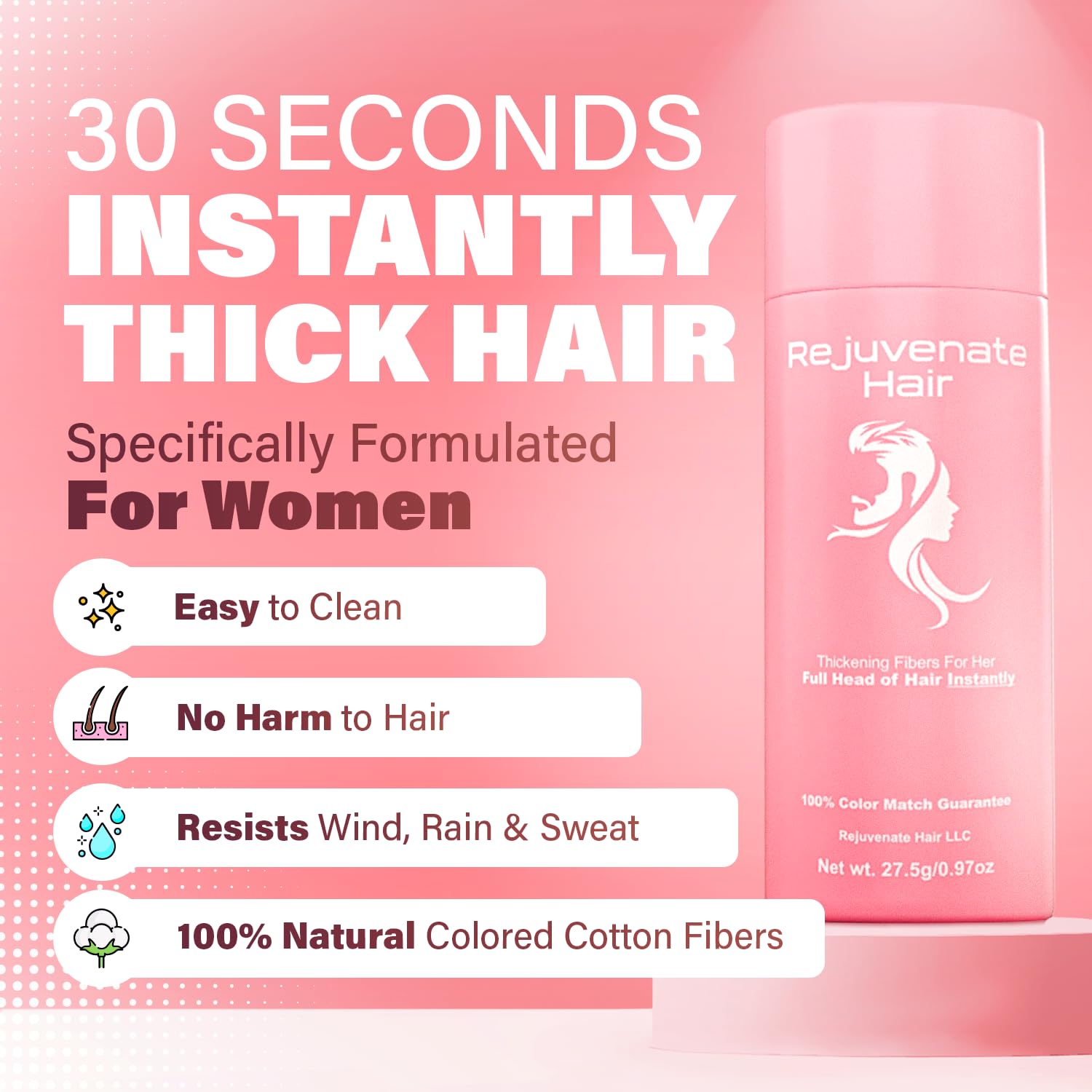 REJUVENATE Hair Fibras para adelgazar el cabello (marrón claro), polvo de cabello indetectable para mujeres y fibras 100% naturales para construir