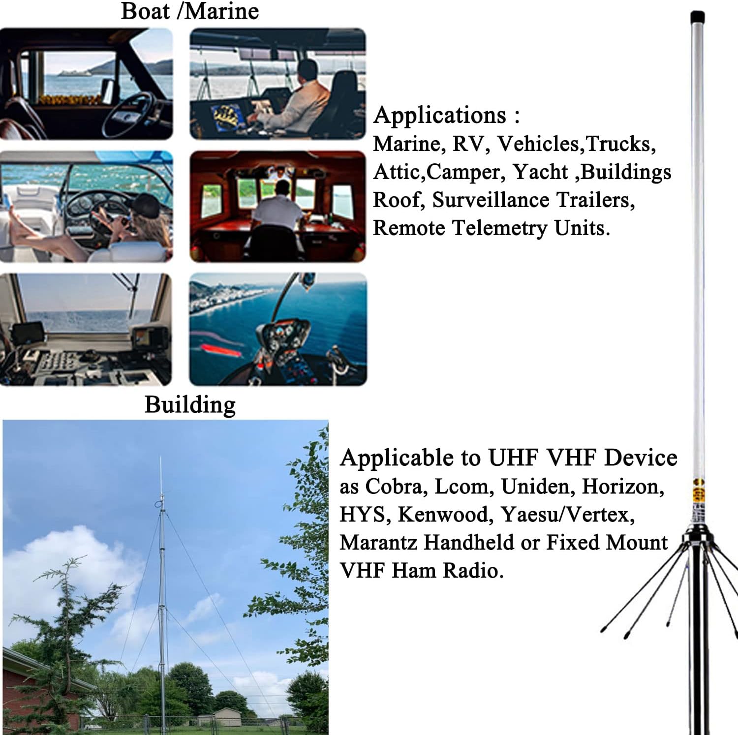 Antena base de radio de doble banda VHF UHF jamón para radio bidireccional Uniden Icom Yaesu Cobra Midland con cable de 32.8 ft PL259