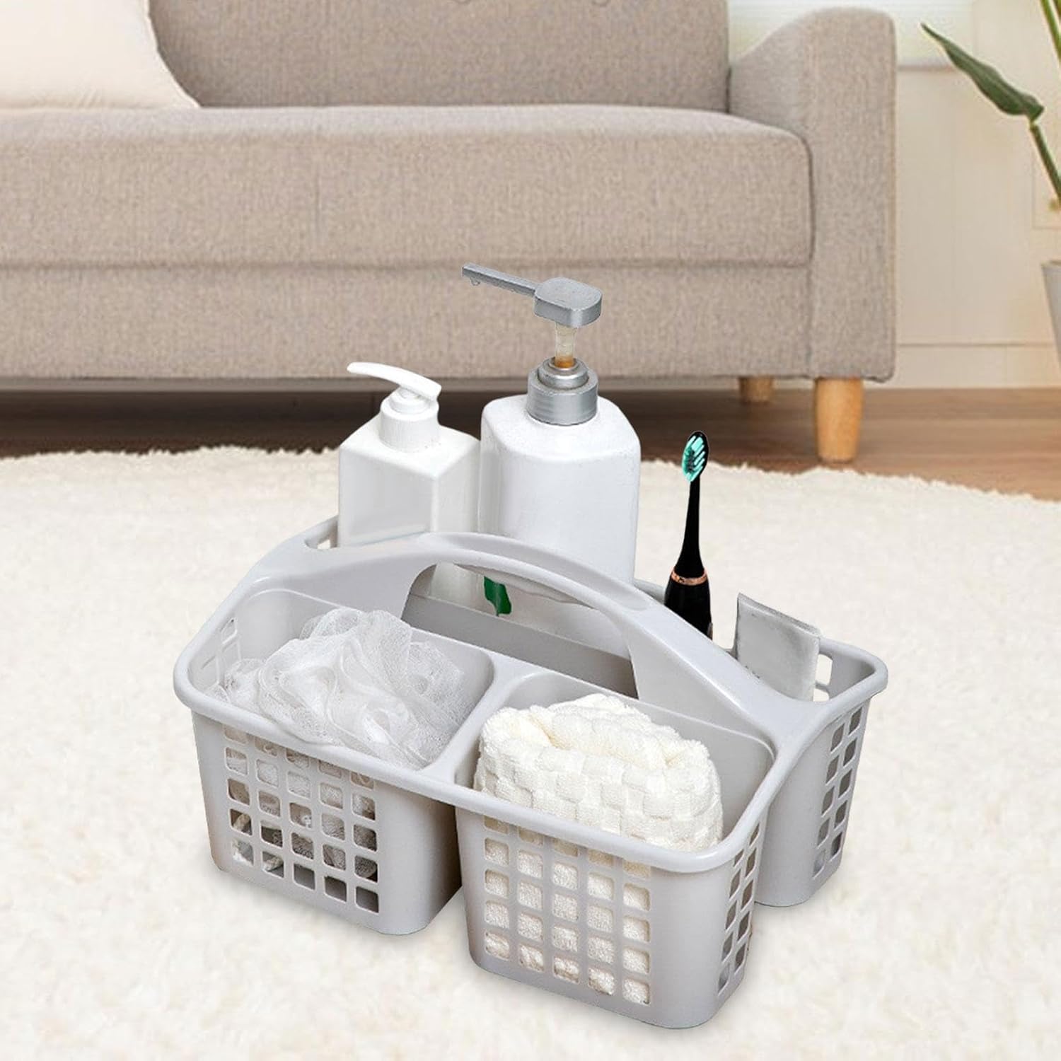 Cesta de ducha de baño con asa, organizador de suministros de limpieza ventilado para dormitorio universitario con 3 compartimentos, color blanco