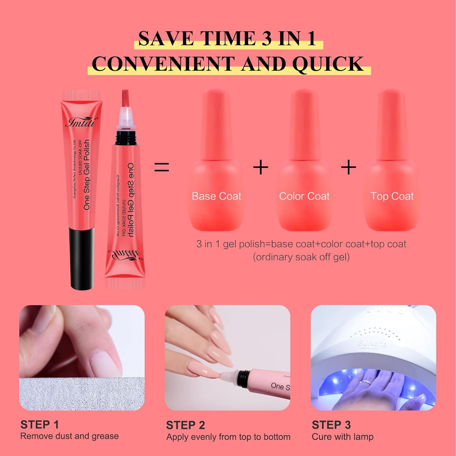 Imtiti Esmalte de uñas de gel neón, secado rápido, 3 en 1, esmalte de gel rojo rosa, esmalte de uñas neón semipermanente LED y UV, no necesita base