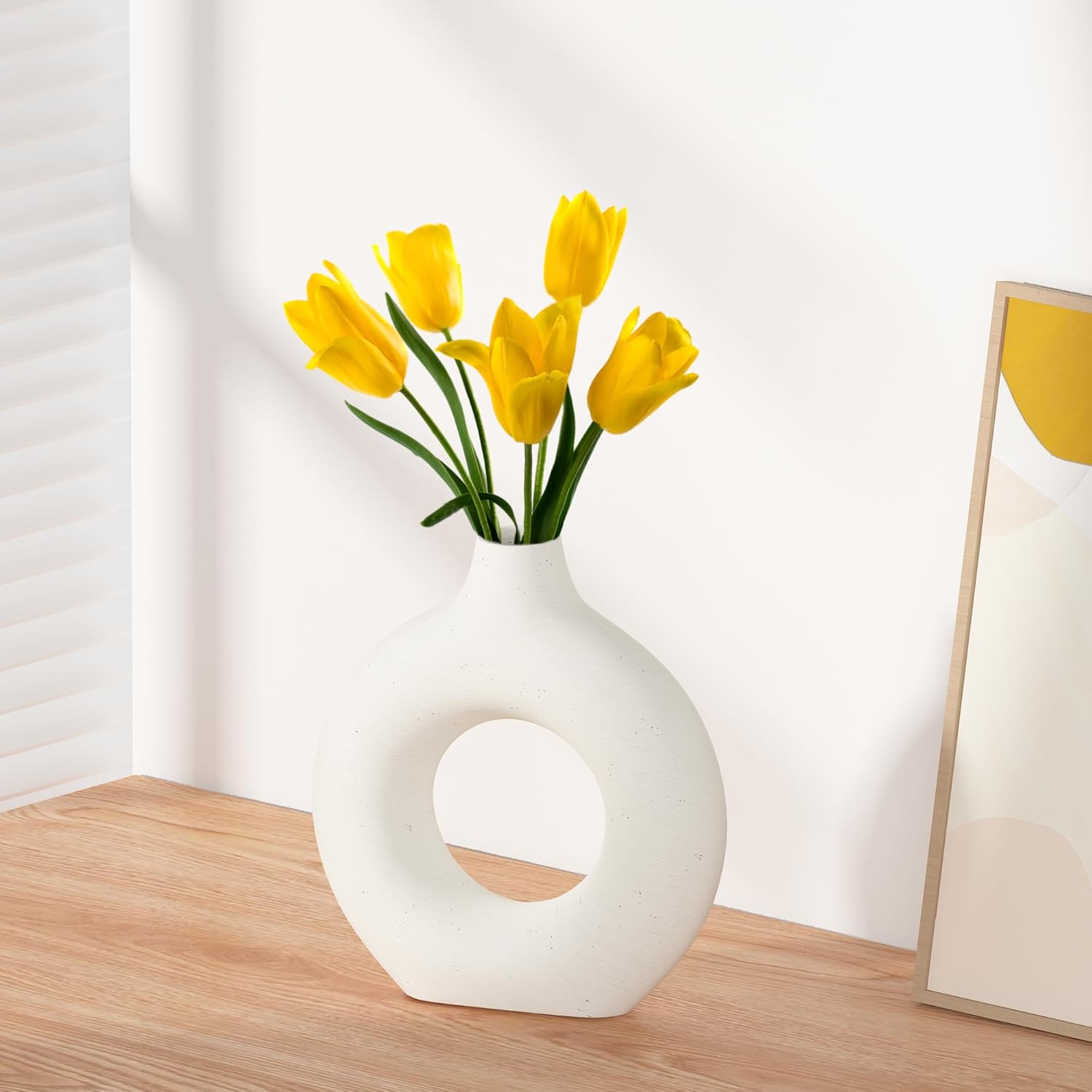 Jarrón bohemio de cerámica blanca, jarrón Dount para pampas, estilo minimalista nórdico, jarrones de flores mate para granja, sala de estar, mesa,
