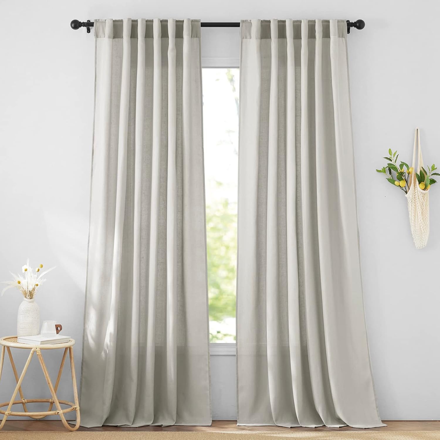 StangH Cortinas semitraslúcidas de lino de 96 pulgadas de largo, con pestaña trasera, filtro de luz, cortinas de lino para ventana de niños y niños,
