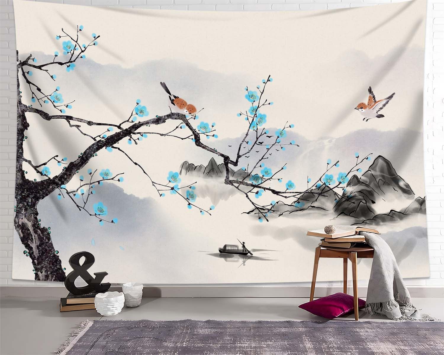 QGHOT Tapiz japonés asiático para hombre, tapiz de acuarela para colgar en la pared, tapiz calmante de pared, tapiz de paisaje de montaña, tapiz de