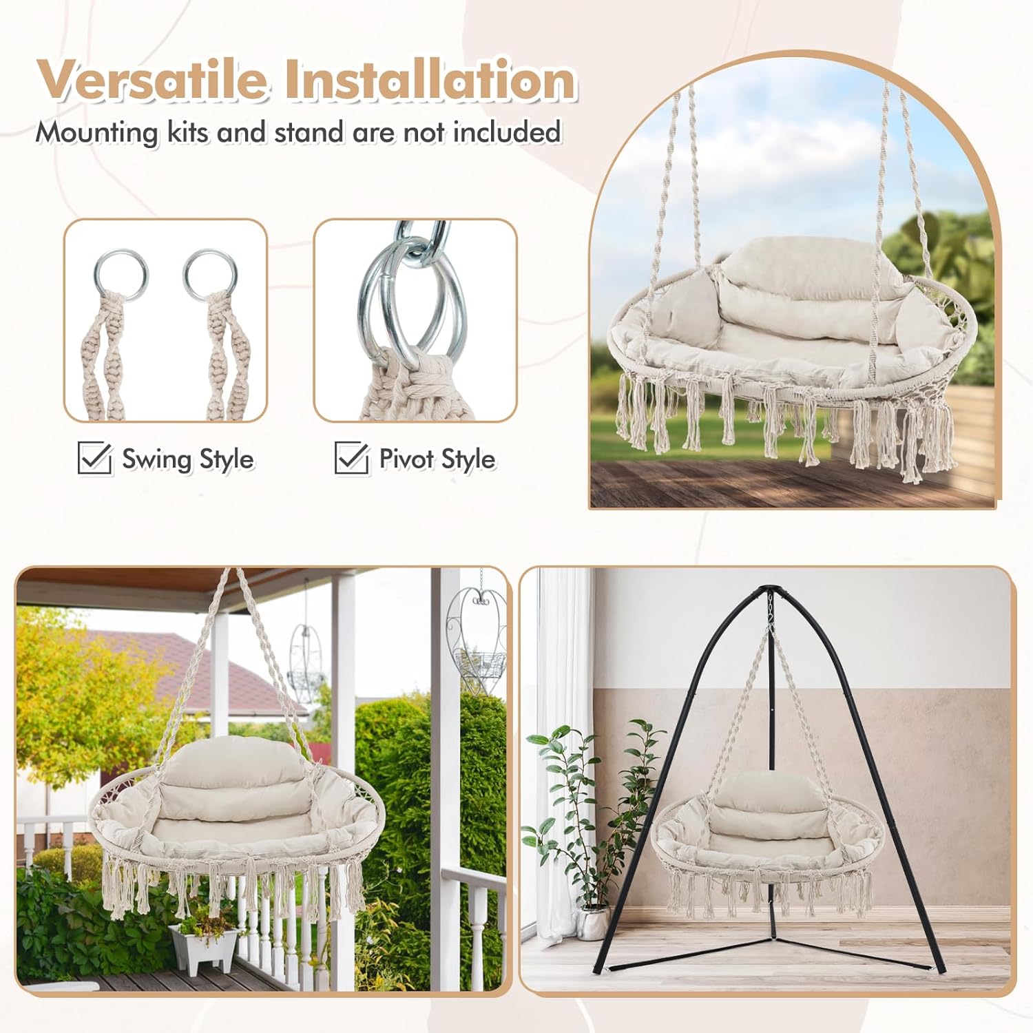 Tangkula 2-Person Hanging Hammock Chair, Boho Style Macrame Hammock Swing with Soft Cushions, Tassels, Indoor Outdoor Cotton Rope Hanging Swing