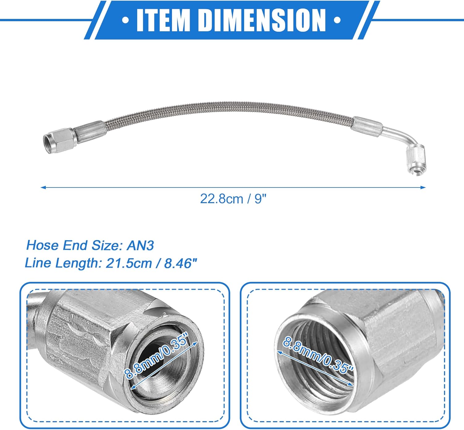 AN3 – Línea de alimentación de aceite turbo de acero trenzado de 90 grados a extremo de manguera recta, turbocompresor remoto de 9 pulgadas, línea