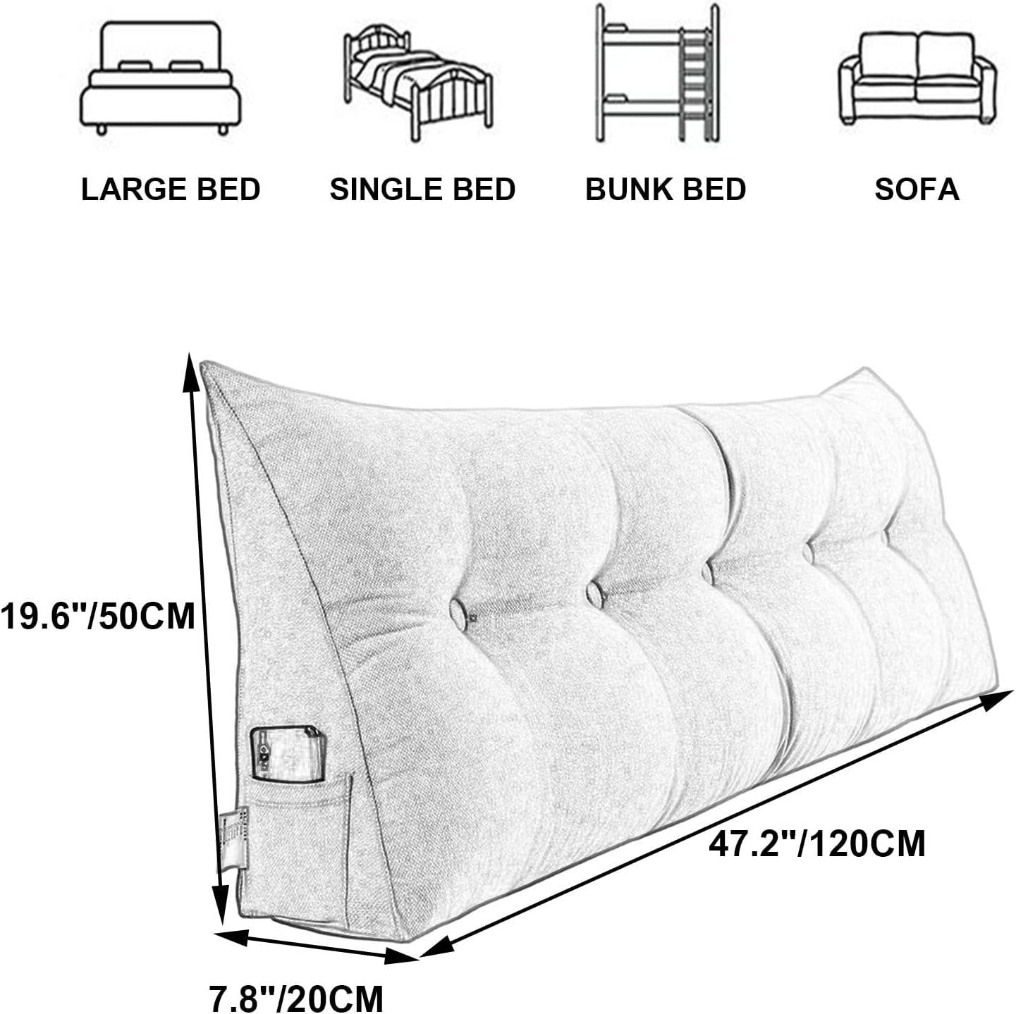 Almohada triangular grande de cuña de lectura, cabecera de dormitorio, respaldo de cama, soporte de posicionamiento, cojín de descanso de cama con