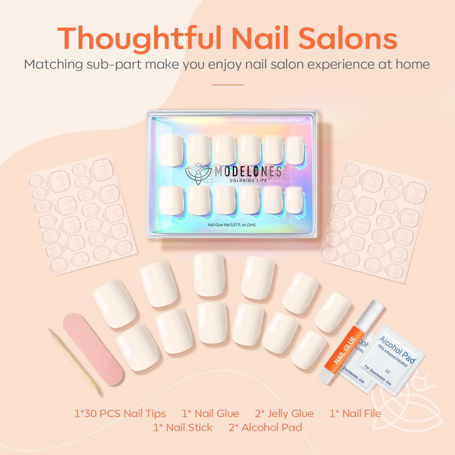 Modelones 30 uñas postizas a presión, uñas postizas cuadradas cortas, kit de uñas reutilizables con pestañas adhesivas de pegamento de uñas, mini