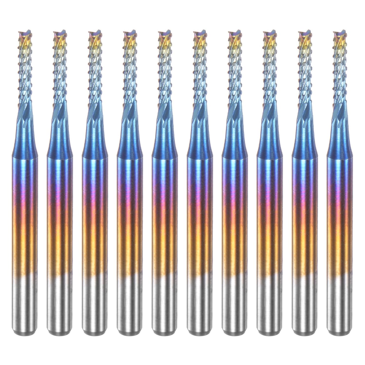 10 Uds. Fresas de extremo CNC Router Bits 18 “Shank 0.071 in Blue Coated Tungsten Carburo Fresas para PCB Acrílico Madera Aluminio Metal