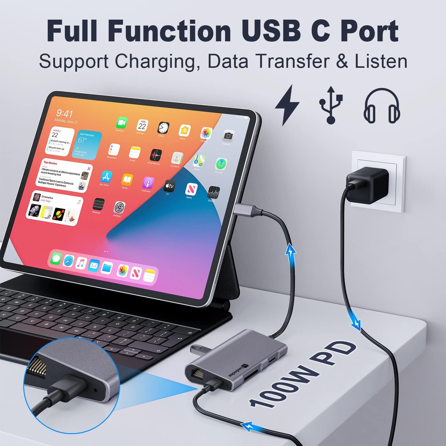 Adaptador multipuerto USB C Hub Ethernet, estación de acoplamiento USB C 8 en 1 4K HDMI, 100 W PD, 3 USB 3.0, 1 Gbps LAN USB C Dongle, lector SDTF