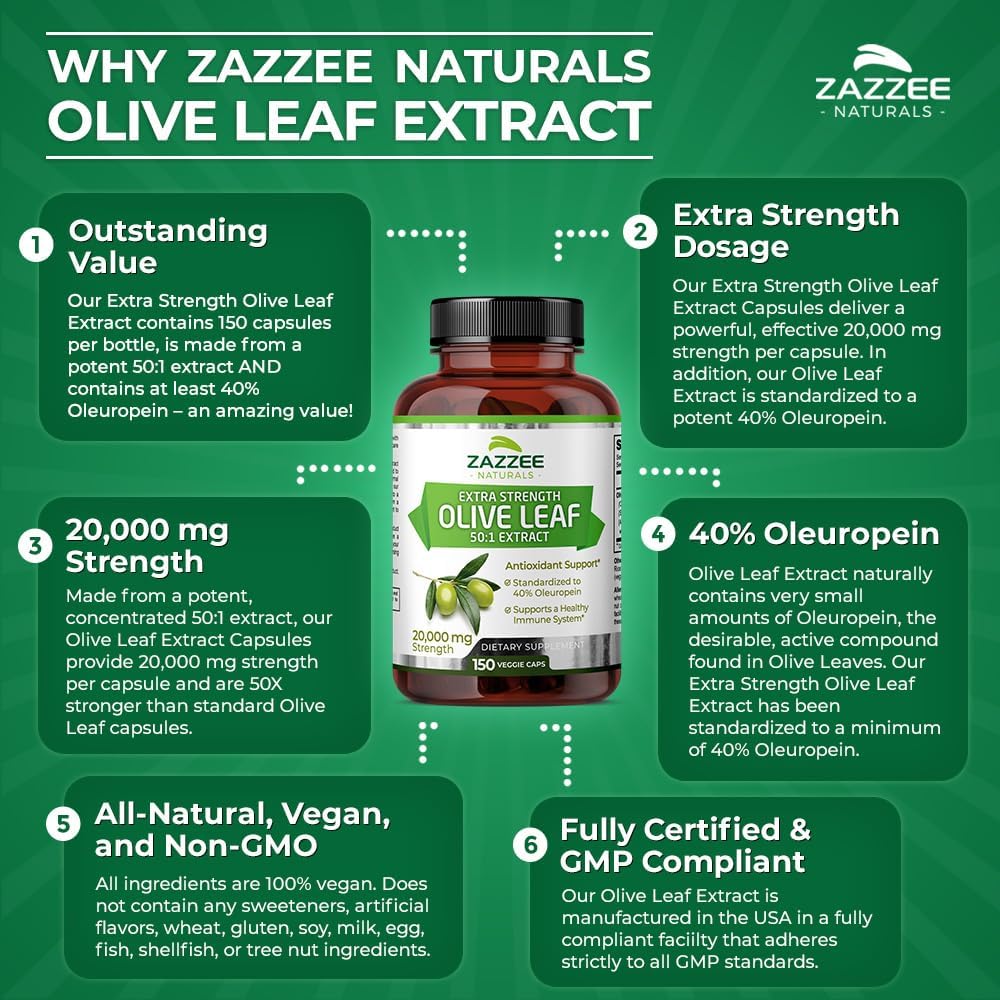 Zazzee Extracto de hoja de olivo extra fuerte 501, 20,000 mg de fuerza, 40% de oleuropeína, 150 cápsulas veganas, suministro de 5 meses, extracto