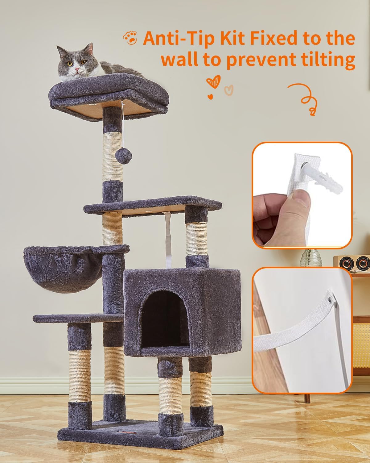 Árbol para gatos, torre para gatos de 44.5 pulgadas para gatos de interior, condominio para gatos de varios niveles con 7 postes rascadores, perca,