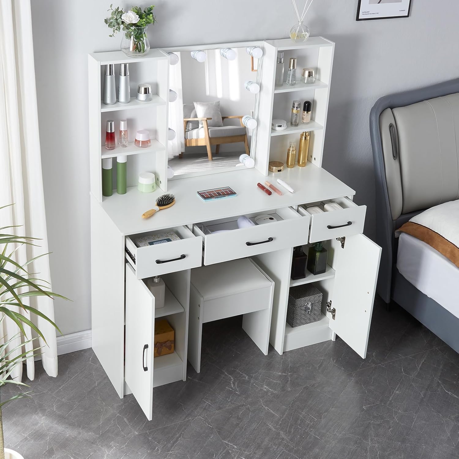 Escritorio de tocador con espejo y luces, 3 colores y brillo ajustables, juego de tocador con cajones y silla, mesa de tocador de maquillaje blanca