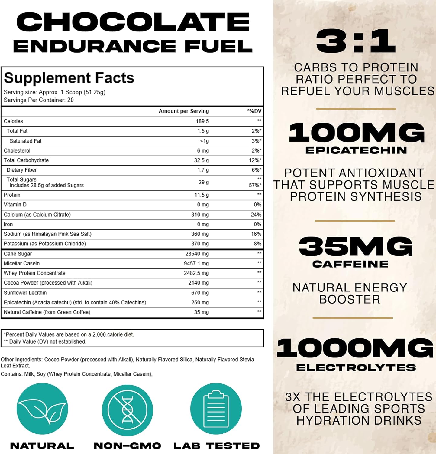 Endurance Fuel Chocolate – Proteína, electrolitos de carbohidratos, cafeína, recuperación muscular, rendimiento máximo, tarro de 2.3 libras