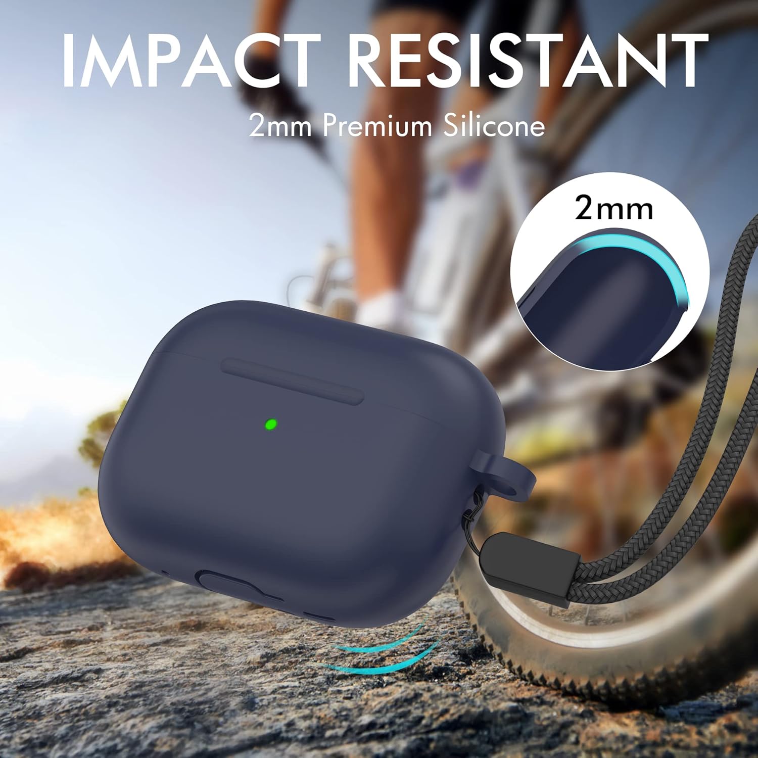 NIUTRENDZ Funda para AirPods Pro 2 generación 2022 de silicona con cordón y llavero carga inalámbrica y LED frontal visible (azul medianoche)