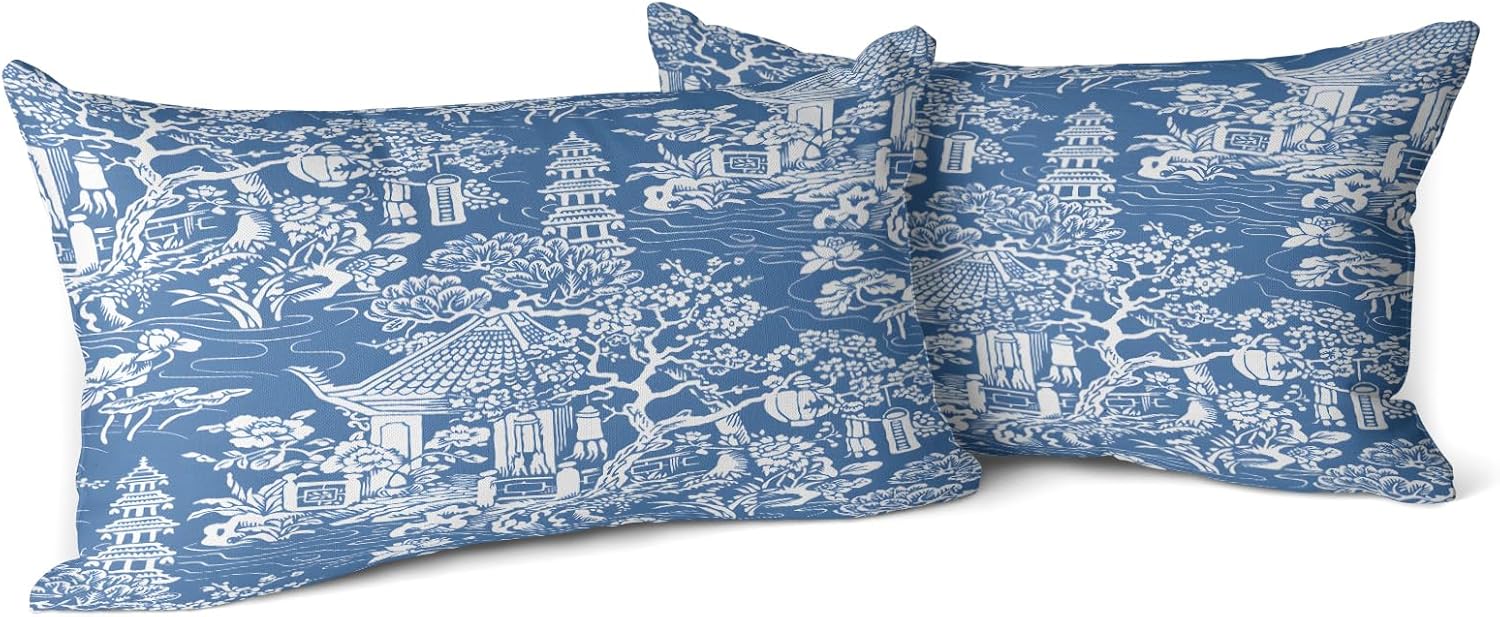 Snycler Chinoiserie – Juego de 2 fundas de almohada azules y blancas para exteriores, fundas de almohada chinas de construcción antigua de algodón,