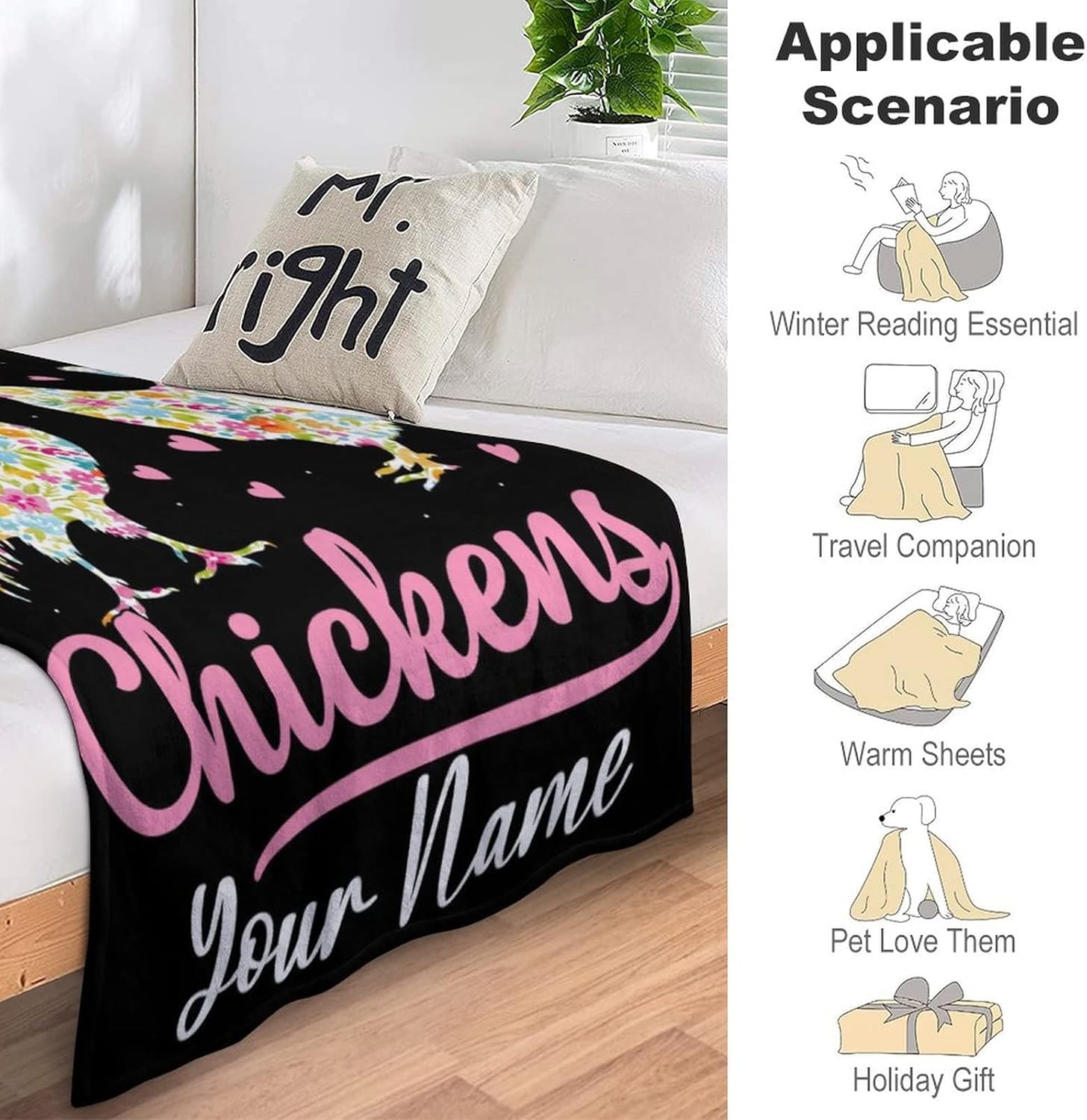 Manta de pollo personalizada con nombre, 40 x 30 pulgadas, bonita manta para niñas y mujeres, mantas suaves y peludas negras para regazo y silla
