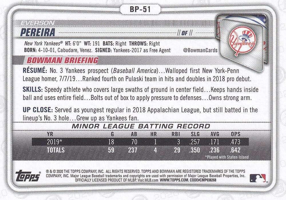 2020 Bowman Prospects #BP-51 Everson Pereira New York Yankees MLB Baseball Card NM-MT