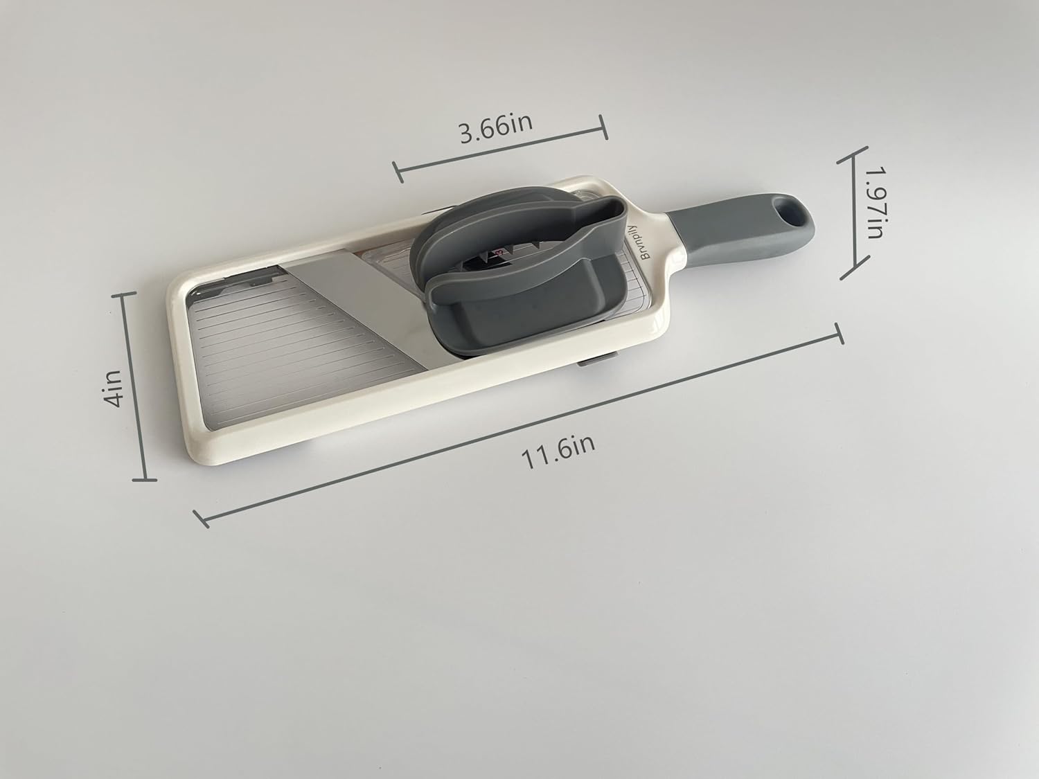 Mandolina ajustable de mano, con agarre para alimentos y cuchillas ajustables, apta para lavavajillas, gris