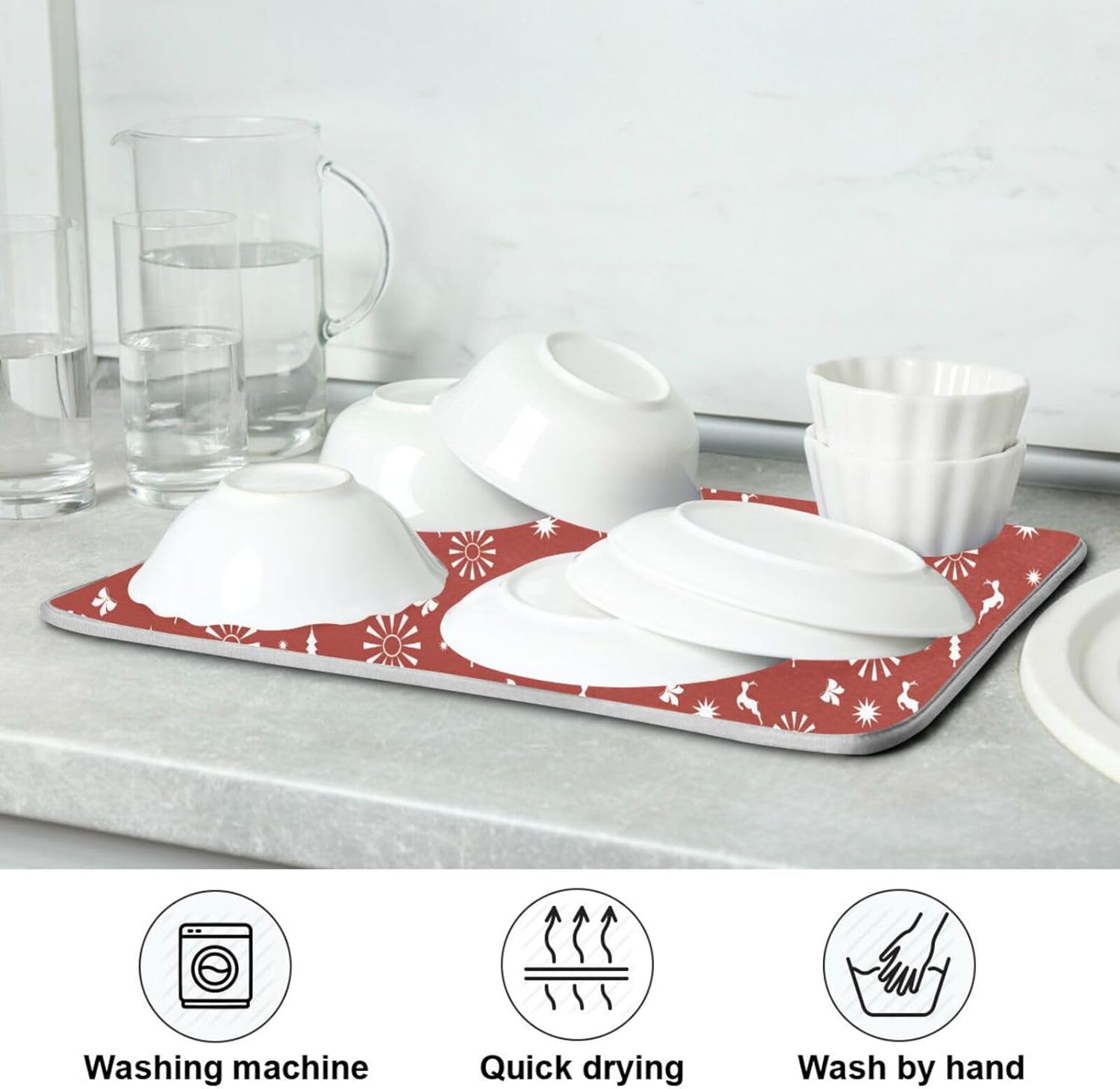 Graphic White Dish Drying Mat Washnable Absorbent Drying Rack Kitchen Counter Dish Drying Matts Tapete Para Cocina 16” x 18”