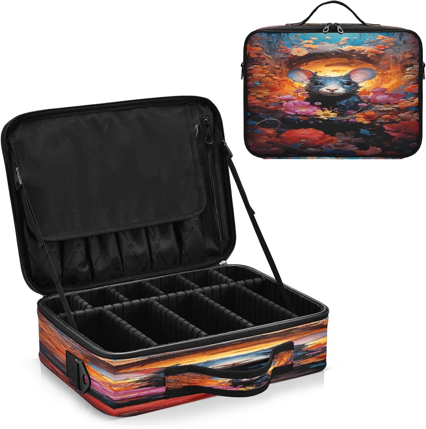Bolsa de maquillaje de arte de ratón y flor, bolsa de cosméticos portátil, kit de viaje, bolsa organizadora, estuche de tren, bolsa de maquillaje,