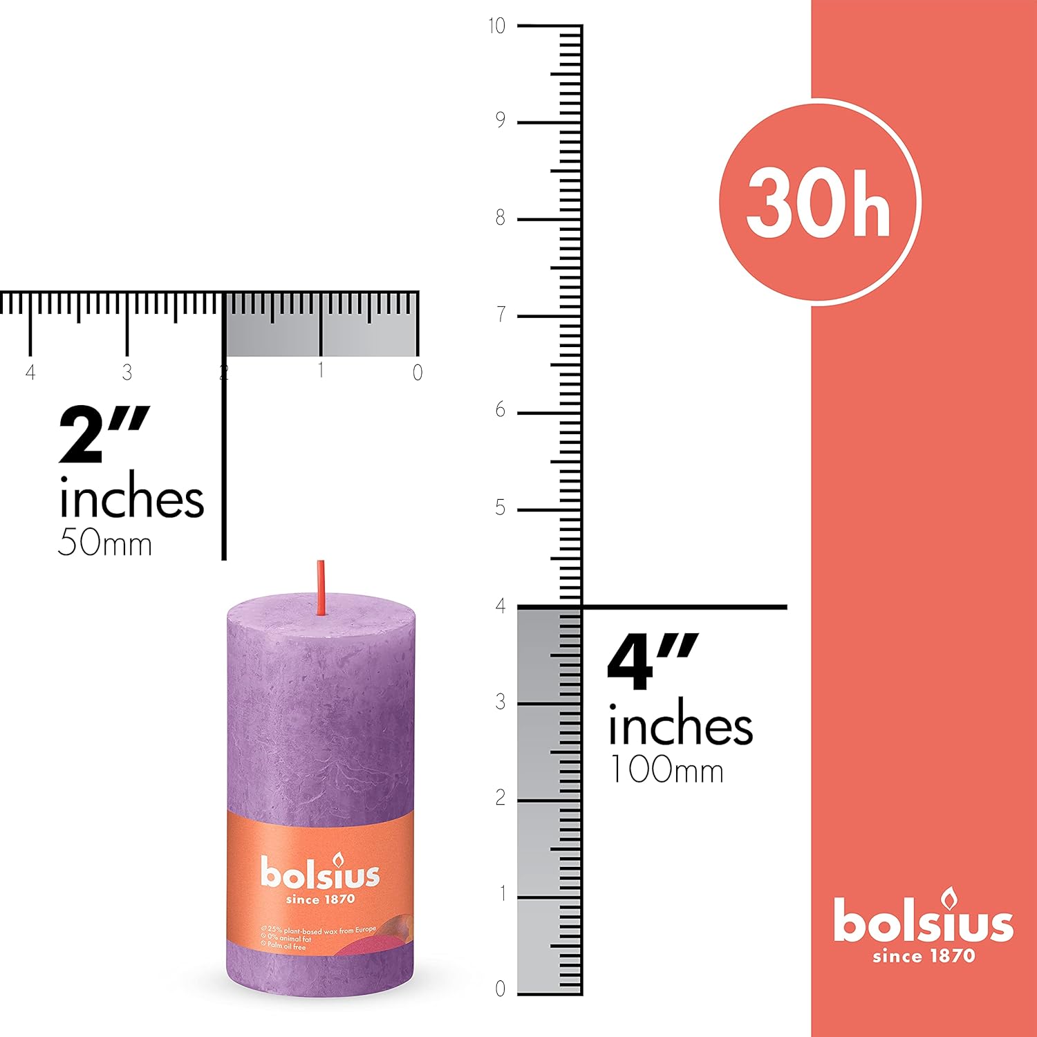 BOLSIUS Paquete de 4 velas rústicas de pilar violeta vibrante (púrpura), 2 x 4 pulgadas, calidad europea premium, incluye cera natural a base de