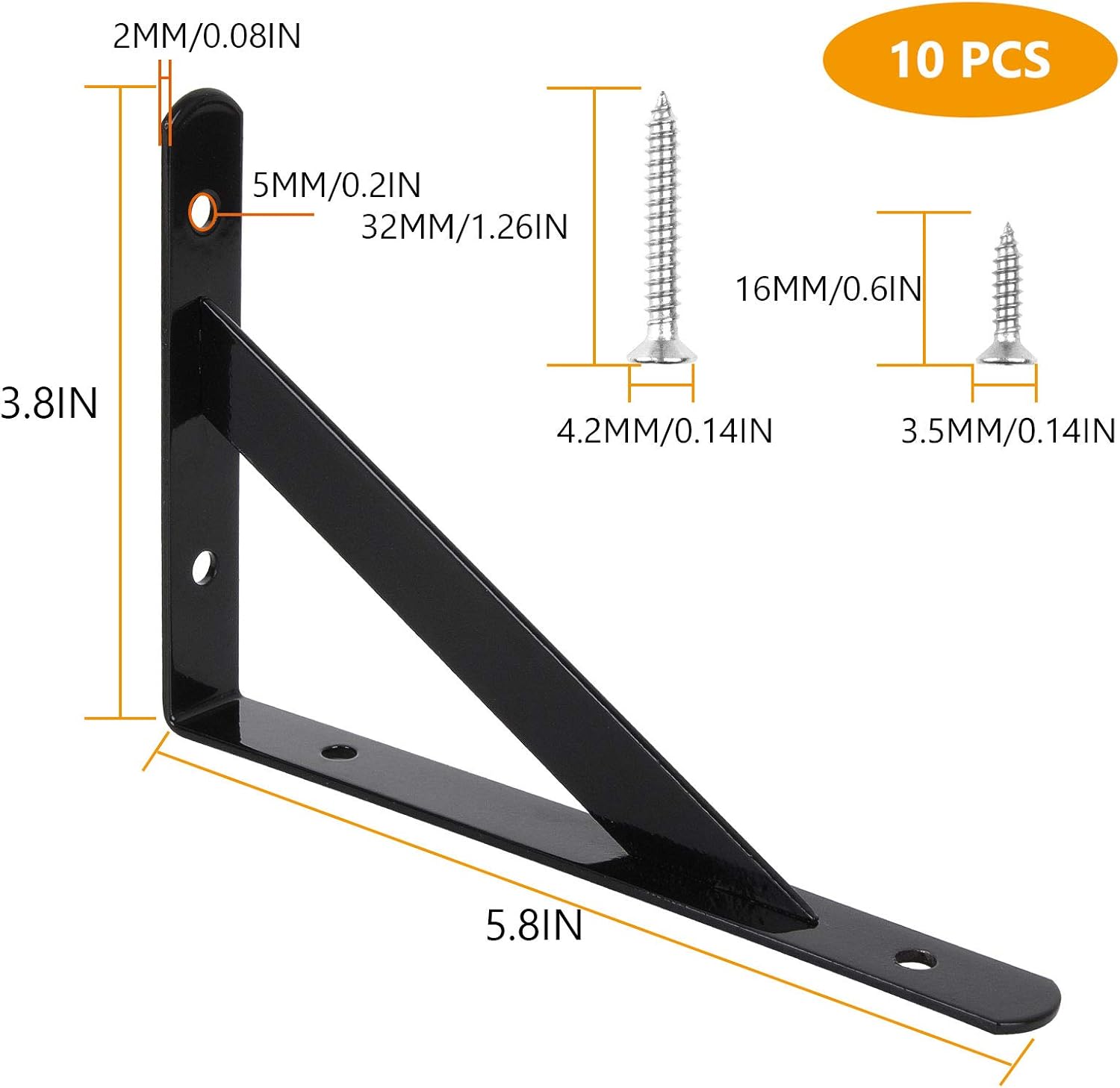 Paquete de 10 soportes de estante resistentes de 6 x 3.7 pulgadas, soportes de estante triangulares negros flotantes, ángulo de 90 grados, para