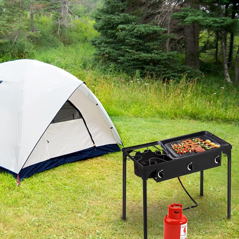 Estufa de campamento al aire libre Cocina de gas propano de alta presión quemador portátil de hierro fundido para patio (tres quemadores 225000-BTU)