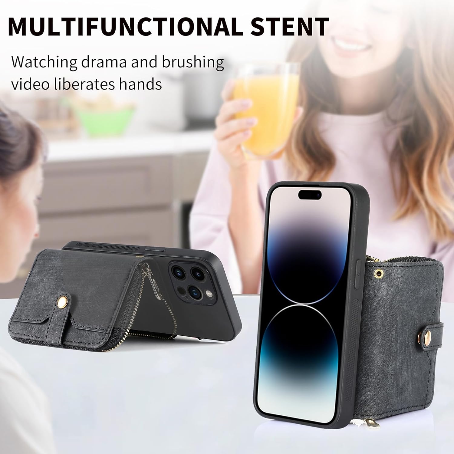 Asuwish Funda de teléfono para iPhone 14 Pro Max de 6.7 pulgadas con cremallera, con ranura para tarjeta de crédito, correa cruzada para el hombro,