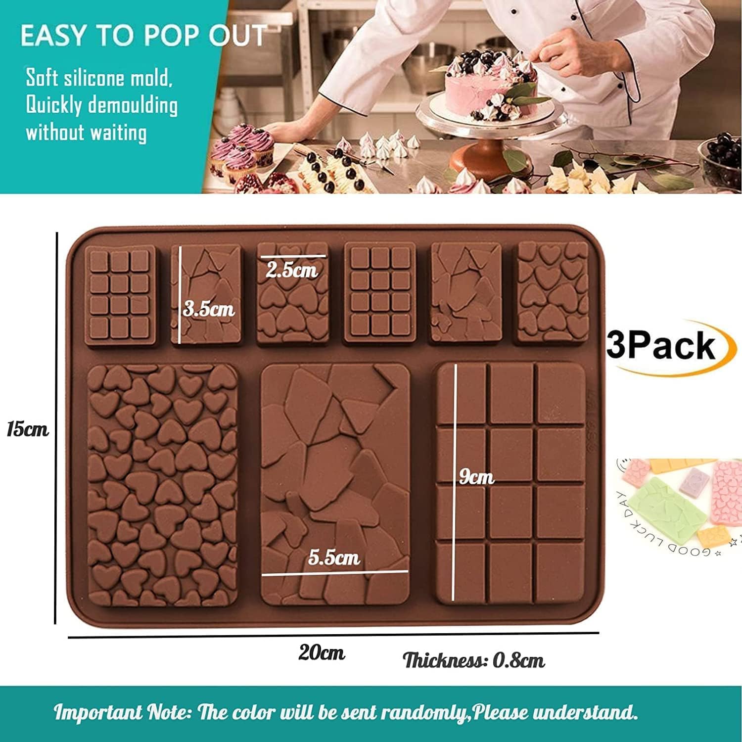 Molde de silicona para chocolate, forma de mezcla, barra de chocolate con forma de gofre, fragmentos en forma de corazón, molde de forma cuadrada, 3