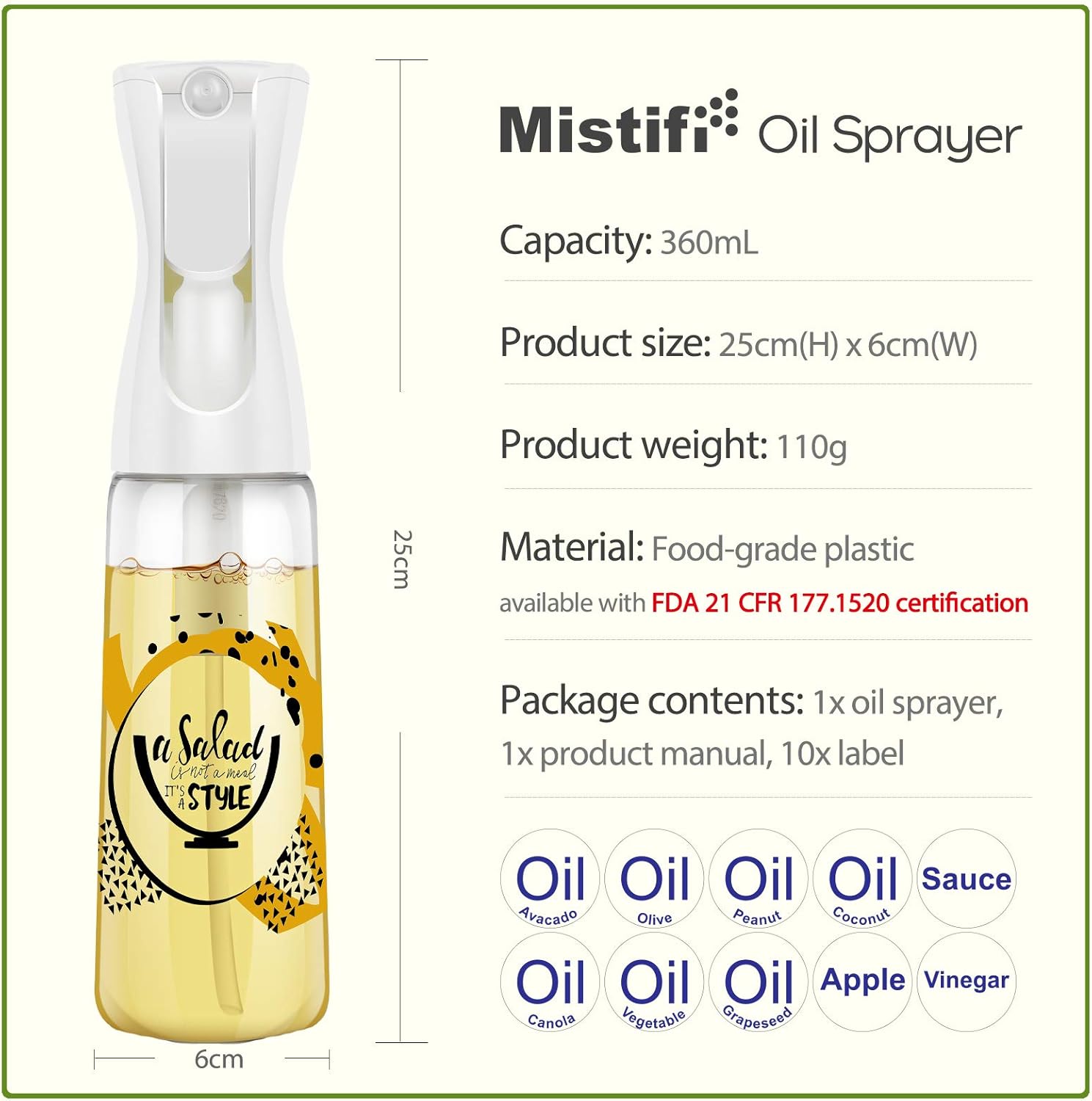 Oliver – Pulverizador de aceite para cocinar, botella de spray de 12 onzas, dispensador de aceite recargable sin aerosol, estilo ensalada Mister