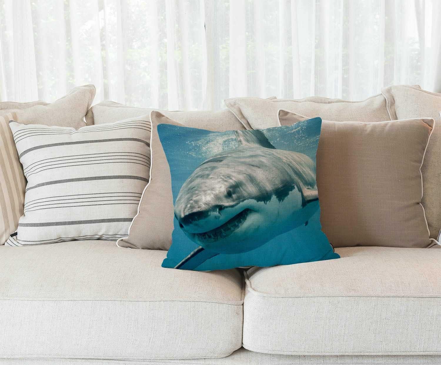 Funda de almohada cuadrada de lino y algodón con diseño de tiburón, mandíbulas, colmillo y depredación bajo el agua, funda de almohada estándar para