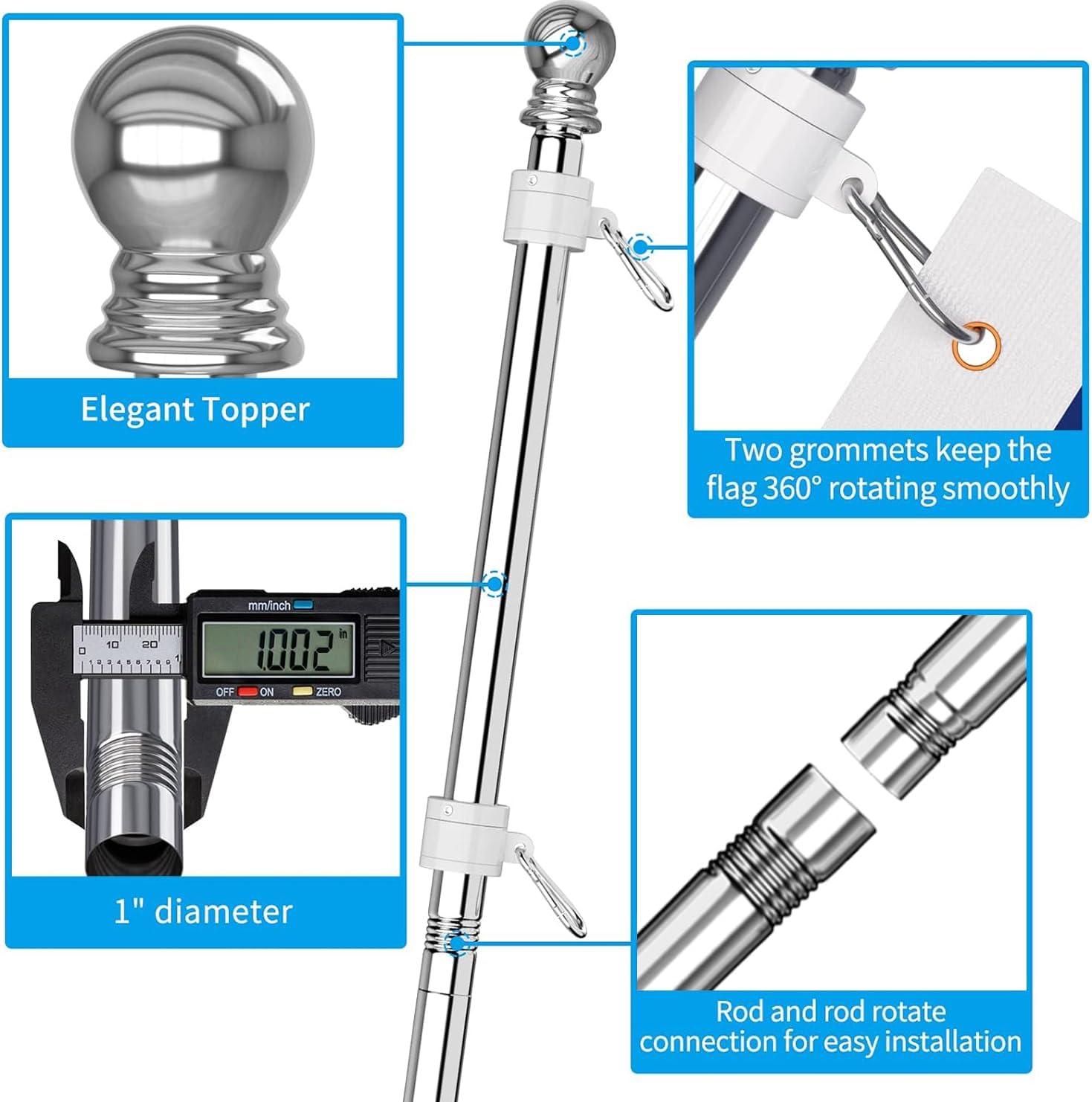 ZMTECH Mástil de bandera  Soporte mejorado, bastones de bandera de acero inoxidable de 6 pies para exteriores de casa, residencial o comercial, kit