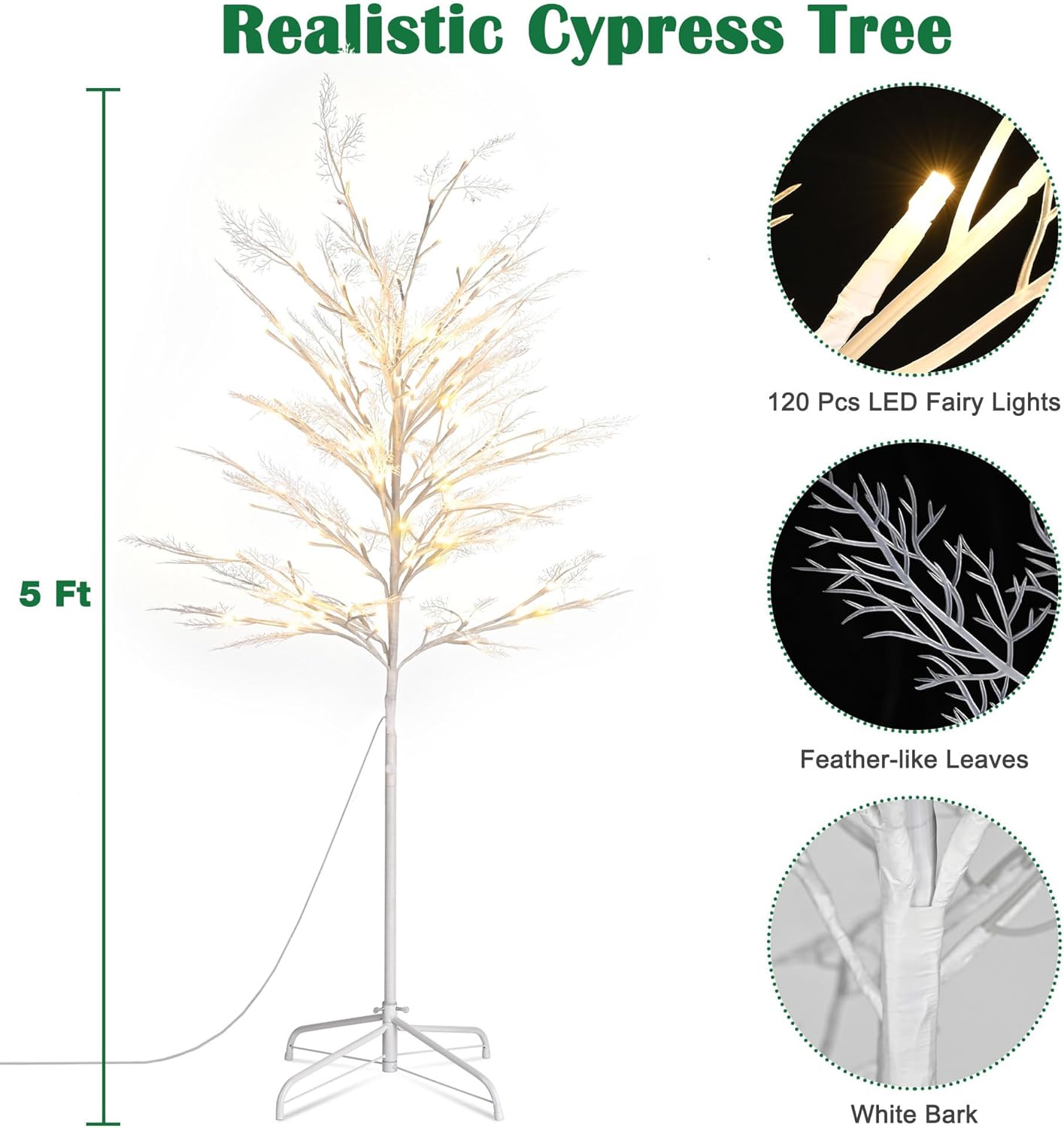 Yescom Rama de abedul de ciprés iluminada regulable de 5 pies, 120 LED, 8 modos, blanco cálido con temporizador remoto para el hogar, Navidad,