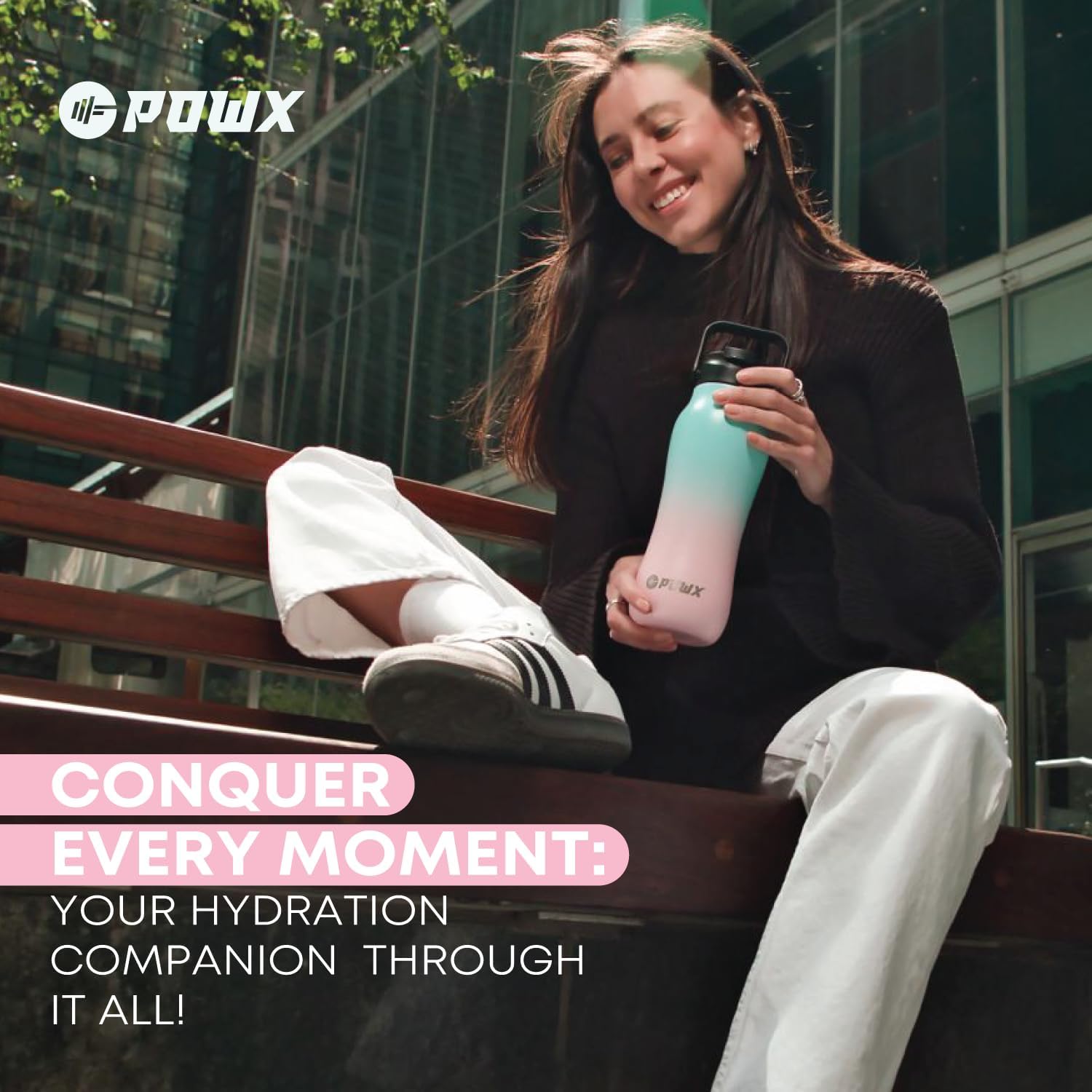 PowX Botella de agua de acero inoxidable con popote  24 onzas  Botella de agua deportiva aislada para bebidas calientes y frías  Tapa de boquilla y
