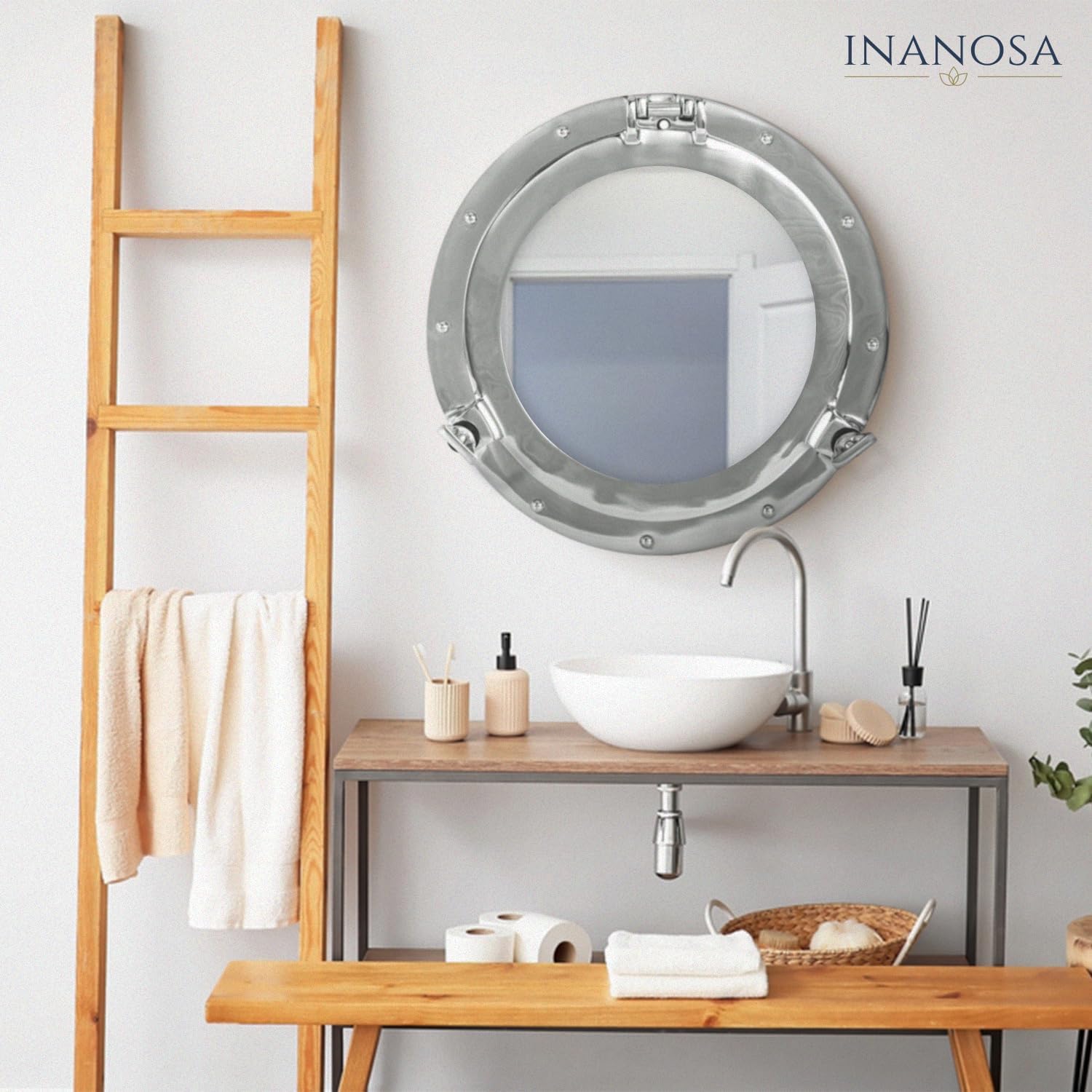 inanosa Espejo de ojo de buey  Acabado blanco níquel plateado de 12 pulgadas  Decoración náutica de pared para baño y dormitorio  Decoración antigua