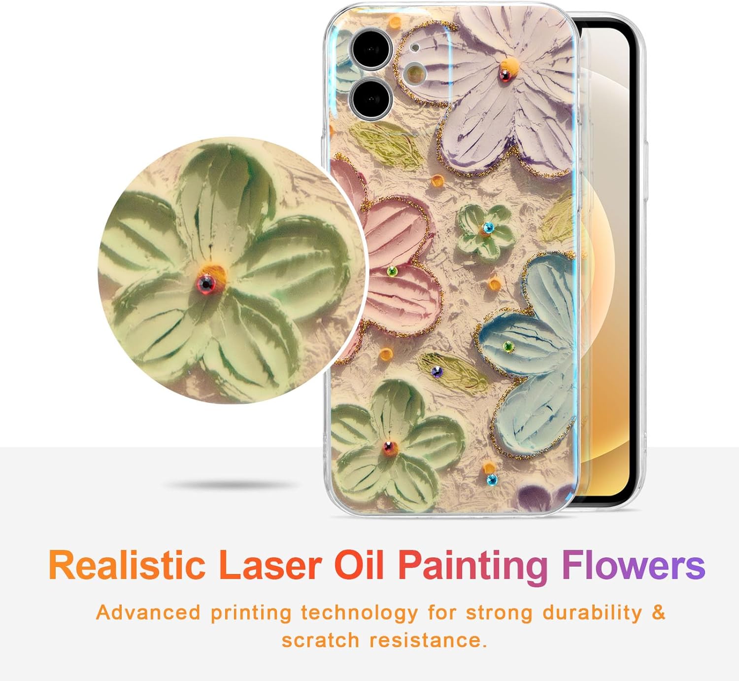 EYZUTAK Funda para iPhone 12, colorida pintura al óleo retro flor rayo láser patrón brillante lindo exquisito floral flor teléfono cubierta elegante