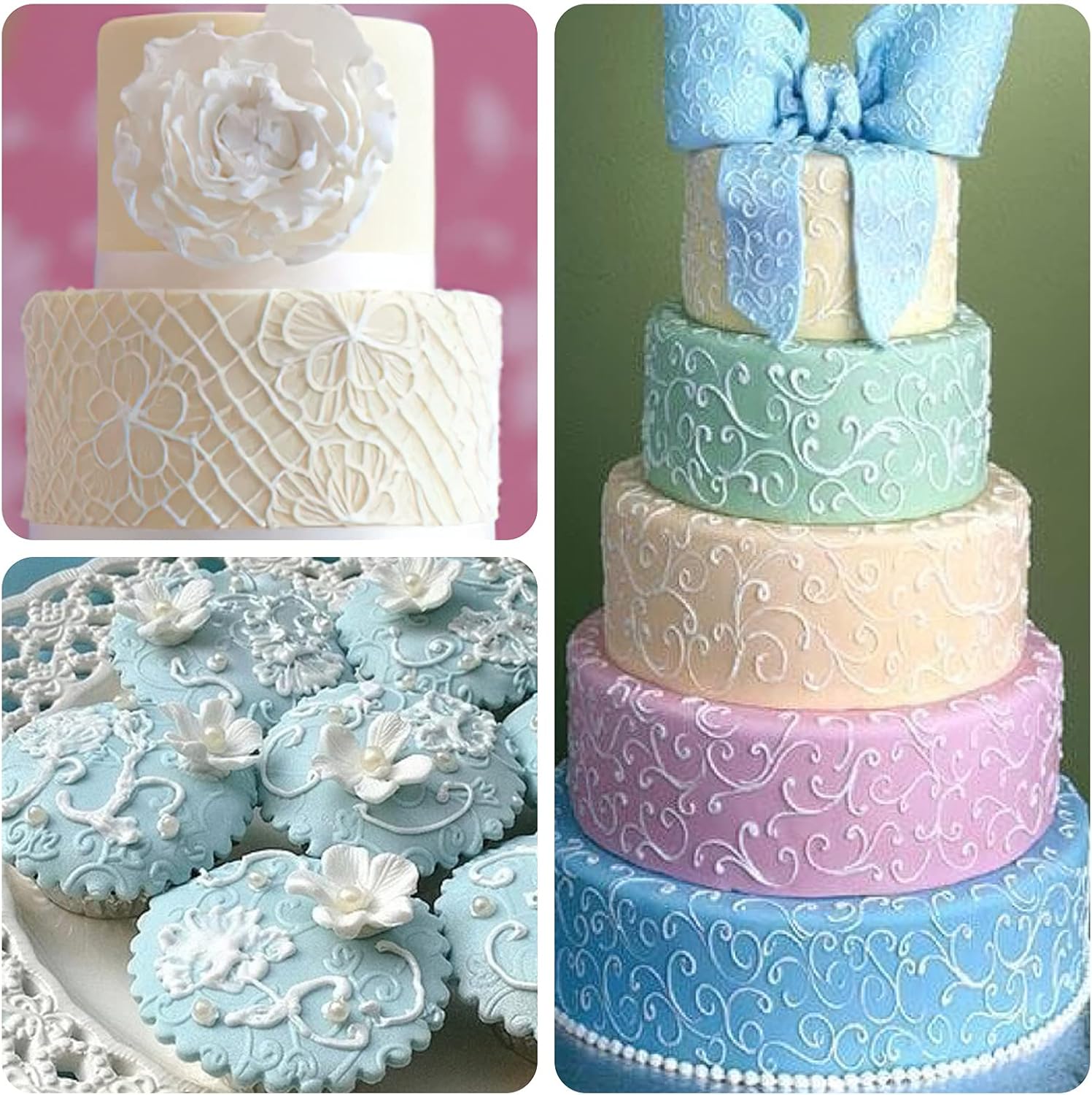 Ocmoiy Paquete de 6 tapetes de impresión de fondant, juego de moldes de fondant, en relieve, retro, barroco, cachemira, rosa, diamante, vid de