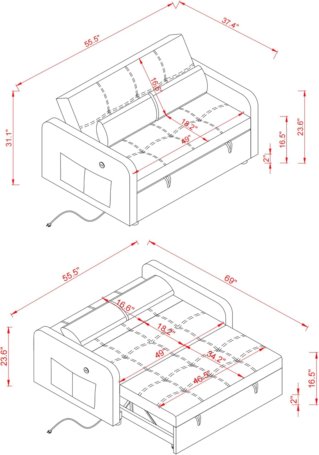 Sofá biplaza convertible 3 en 1, sofá futón con cama extraíble, sofá biplaza pequeño con respaldo reclinable, muebles de sala de estar, sofá cama,