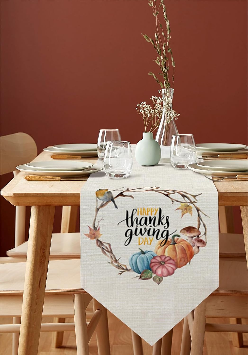 Camino de mesa para el día de Acción de Gracias, 13 x 36 pulgadas, pequeño mantel de lino y algodón, decoración de mesa de arpillera, bufandas de