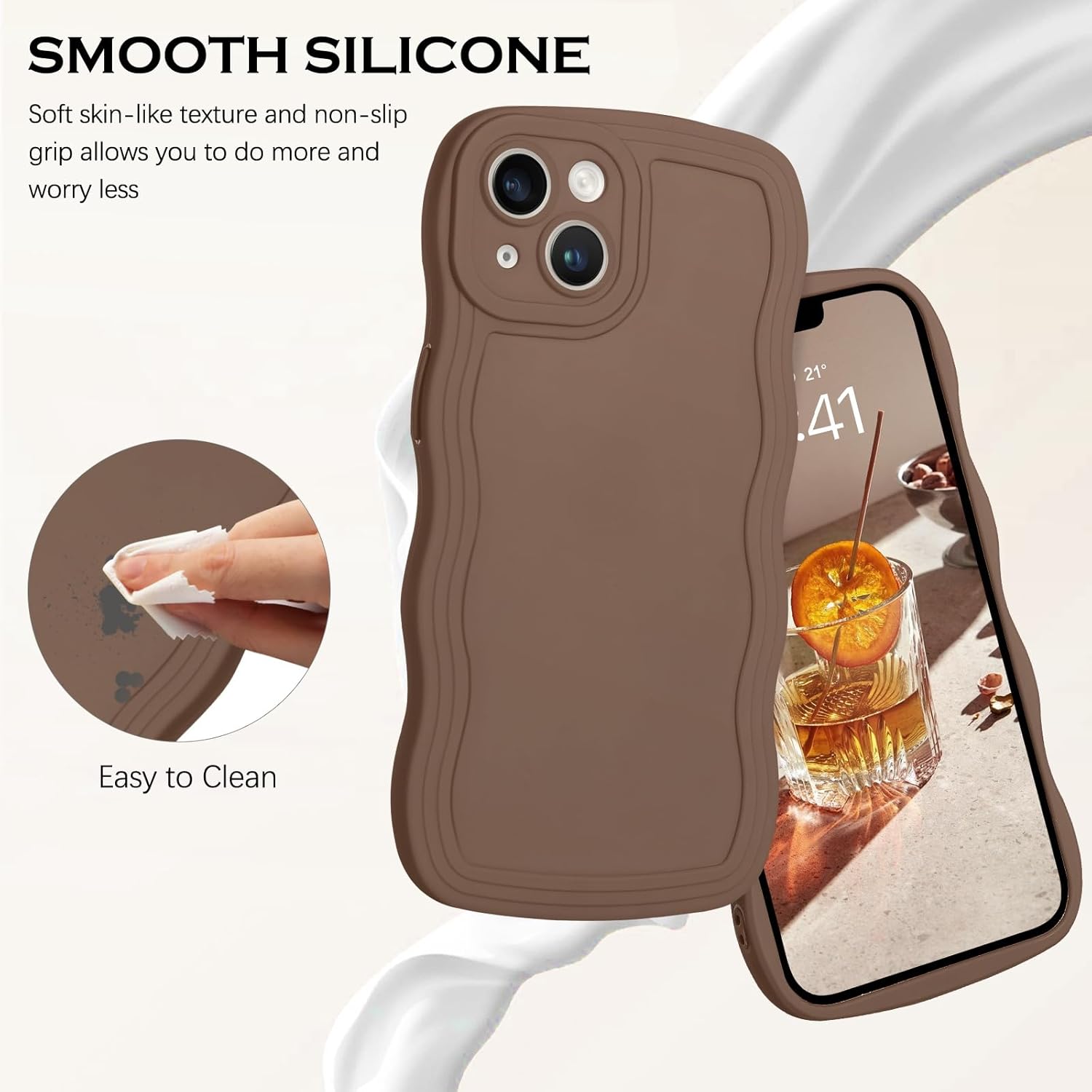 YINLAI Funda diseñada para iPhone 14, funda marrón para teléfono, bonita forma de marco ondulado rizado, para mujeres y niñas, delgada, suave, gel