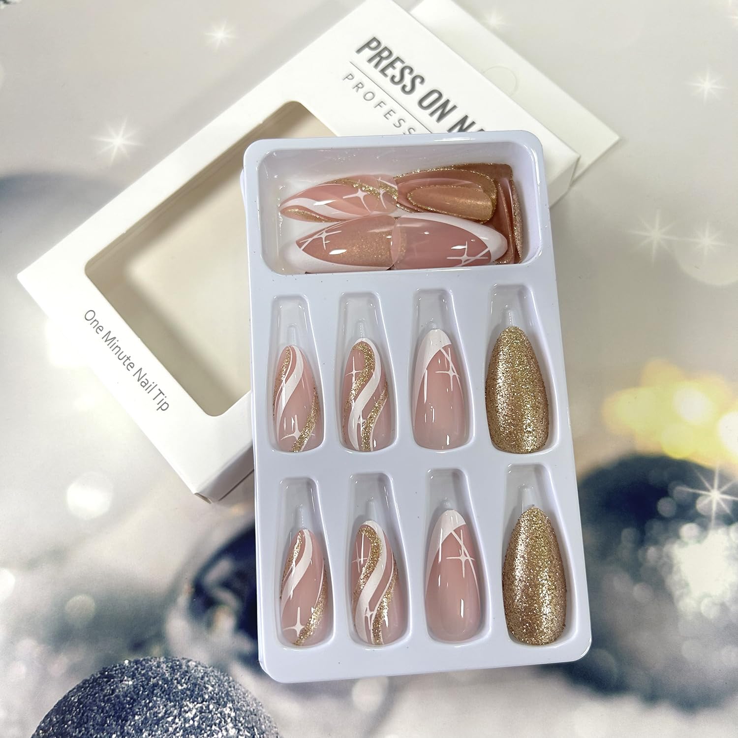 Uñas postizas acrílicas artificiales de almendra media con diseño de estrellas onduladas blancas, cobertura completa, reutilizables, estilo ataúd,