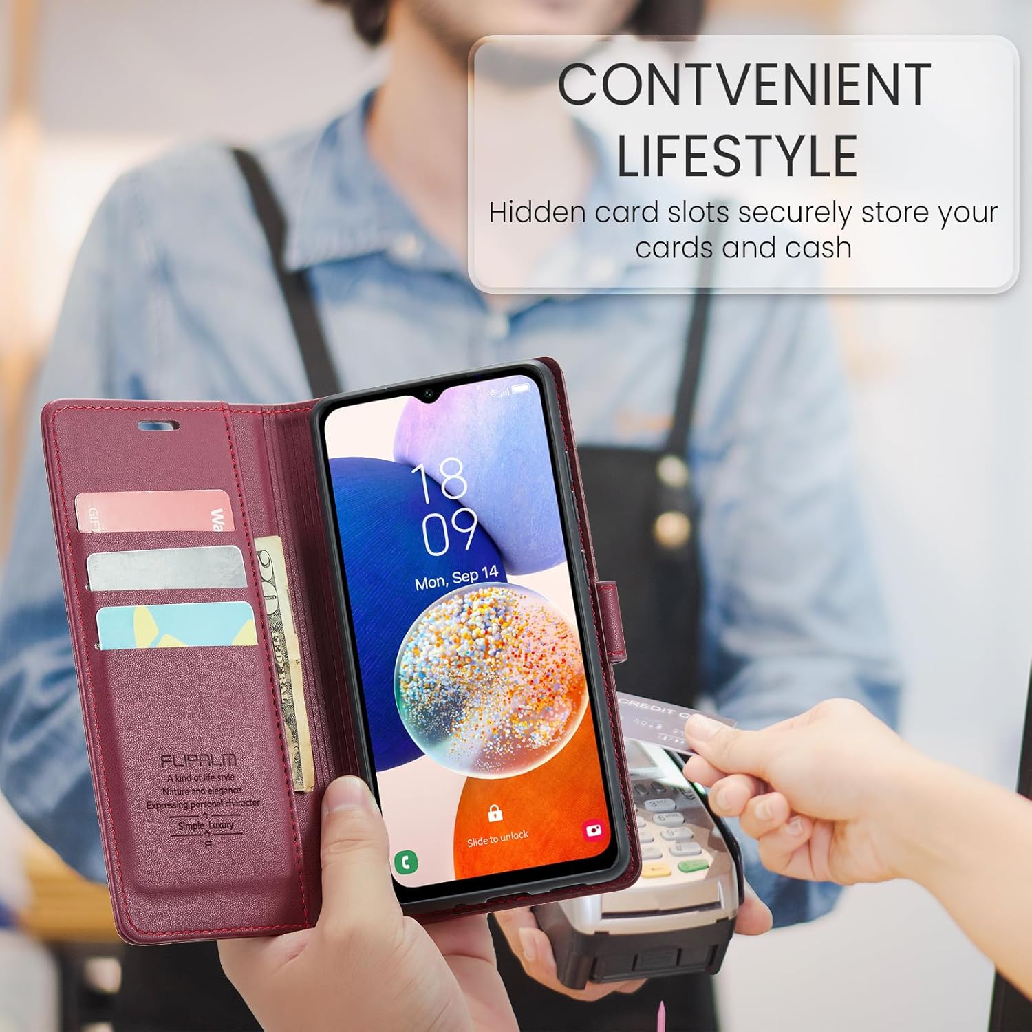 FLIPALM Funda tipo cartera para Samsung Galaxy A14 5G con bloqueo RFID, soporte para tarjeta de crédito, de piel sintética, función atril, funda
