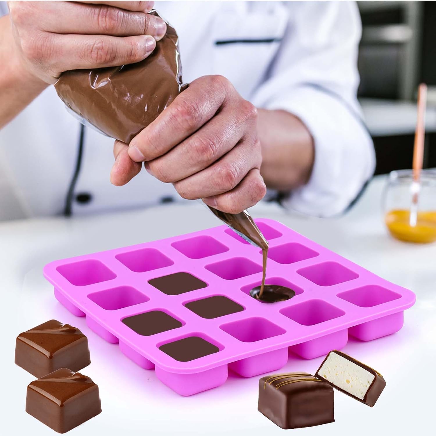 Vodolo Moldes cuadrados de silicona de caramelo de caramelo, 4 piezas de 16 cavidades de molde de trufas de chocolate para bombas de grasa,