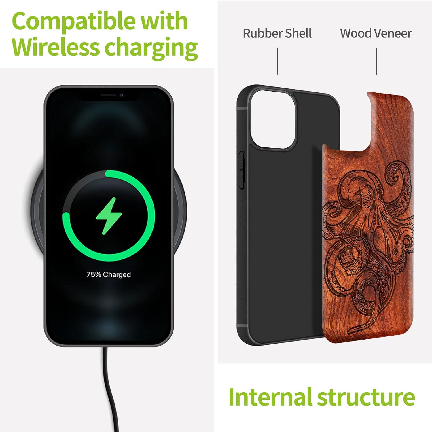 Carveit Funda magnética de madera para iPhone 13 Mini madera natural y TPU suave negro a prueba de golpes, funda de madera única y elegante