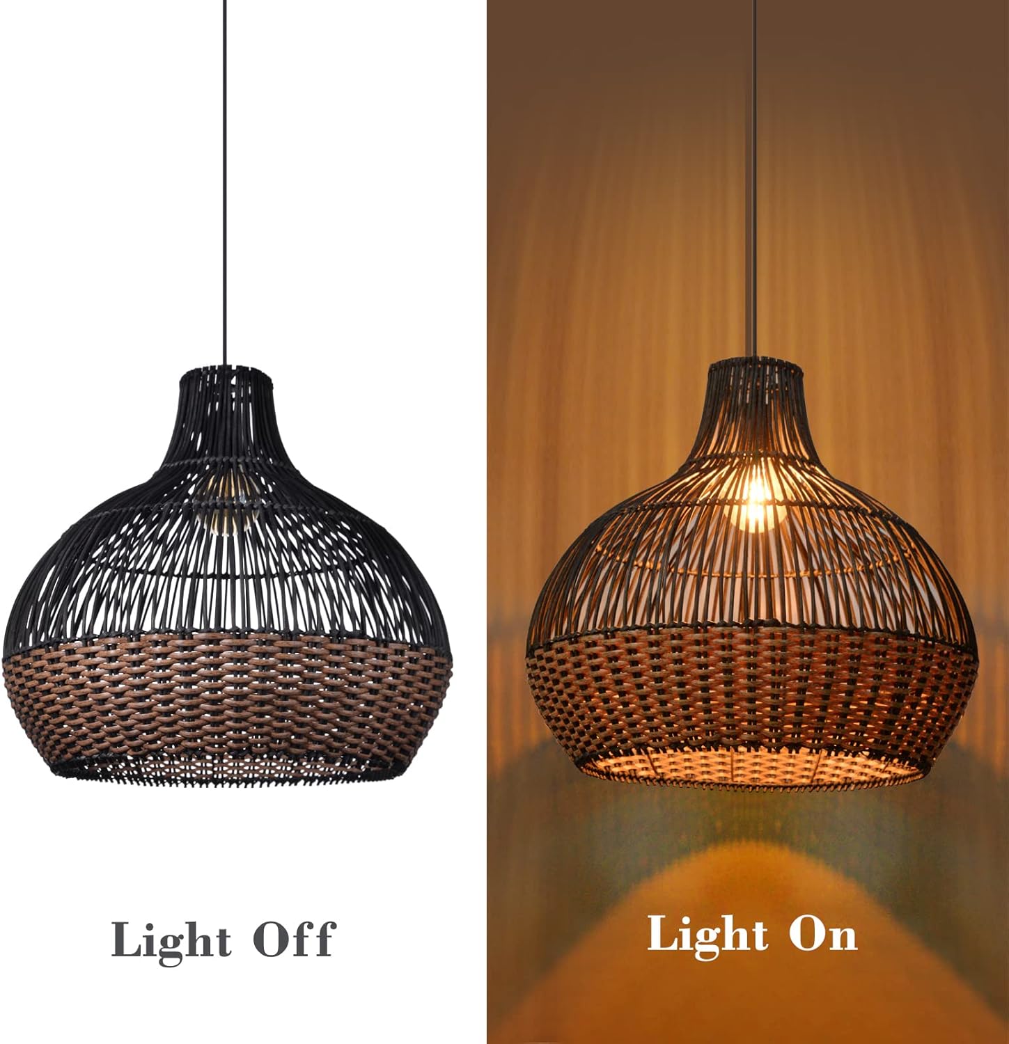 Arturesthome Luces colgantes de ratán negro, lámpara de mimbre estilo bohemio, accesorio de iluminación de cesta, lámpara colgante grande de tejido