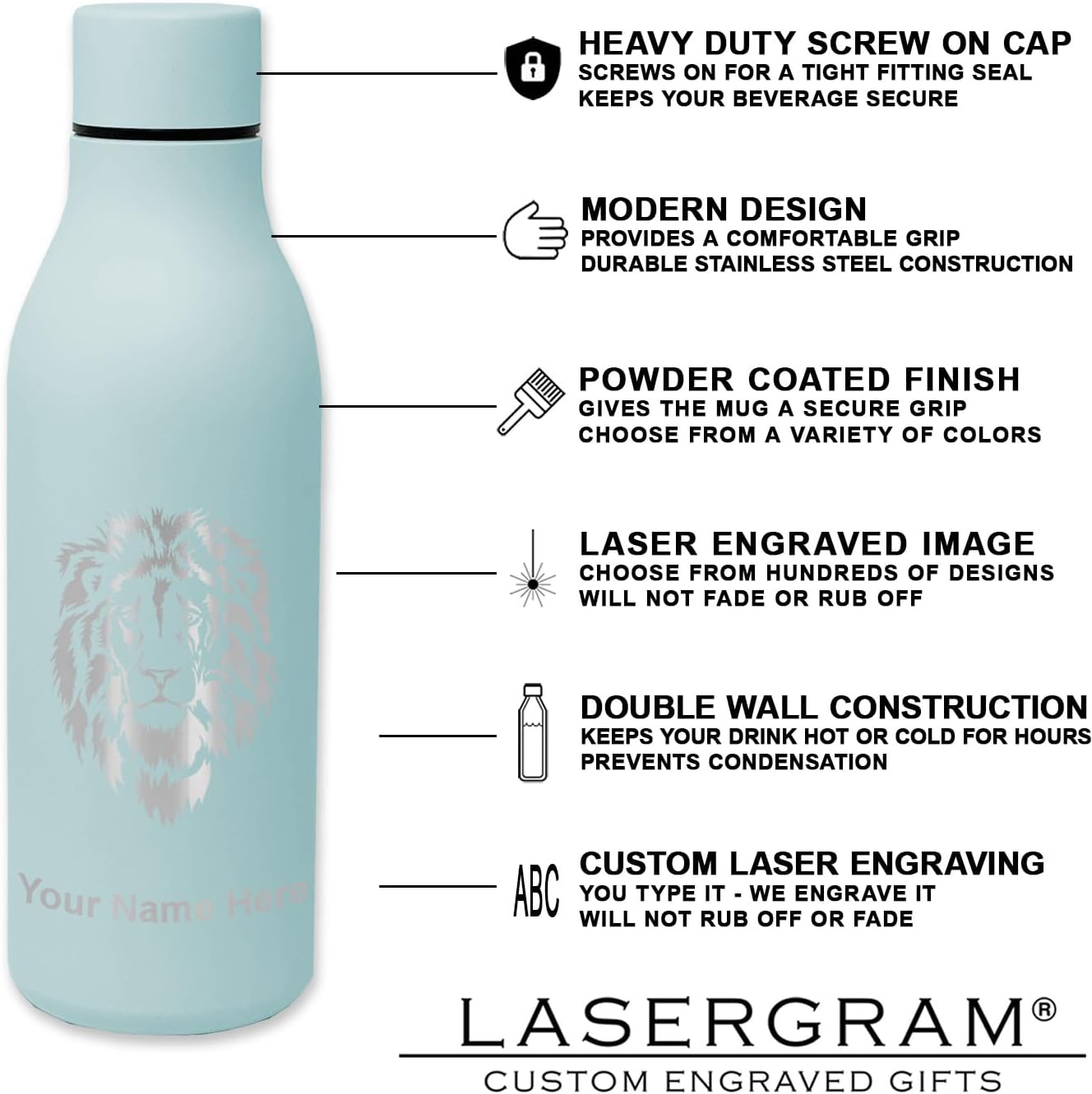 LaserGram Botella de agua de acero inoxidable de doble pared, mantén la calma y juega al tenis, grabado personalizado incluido