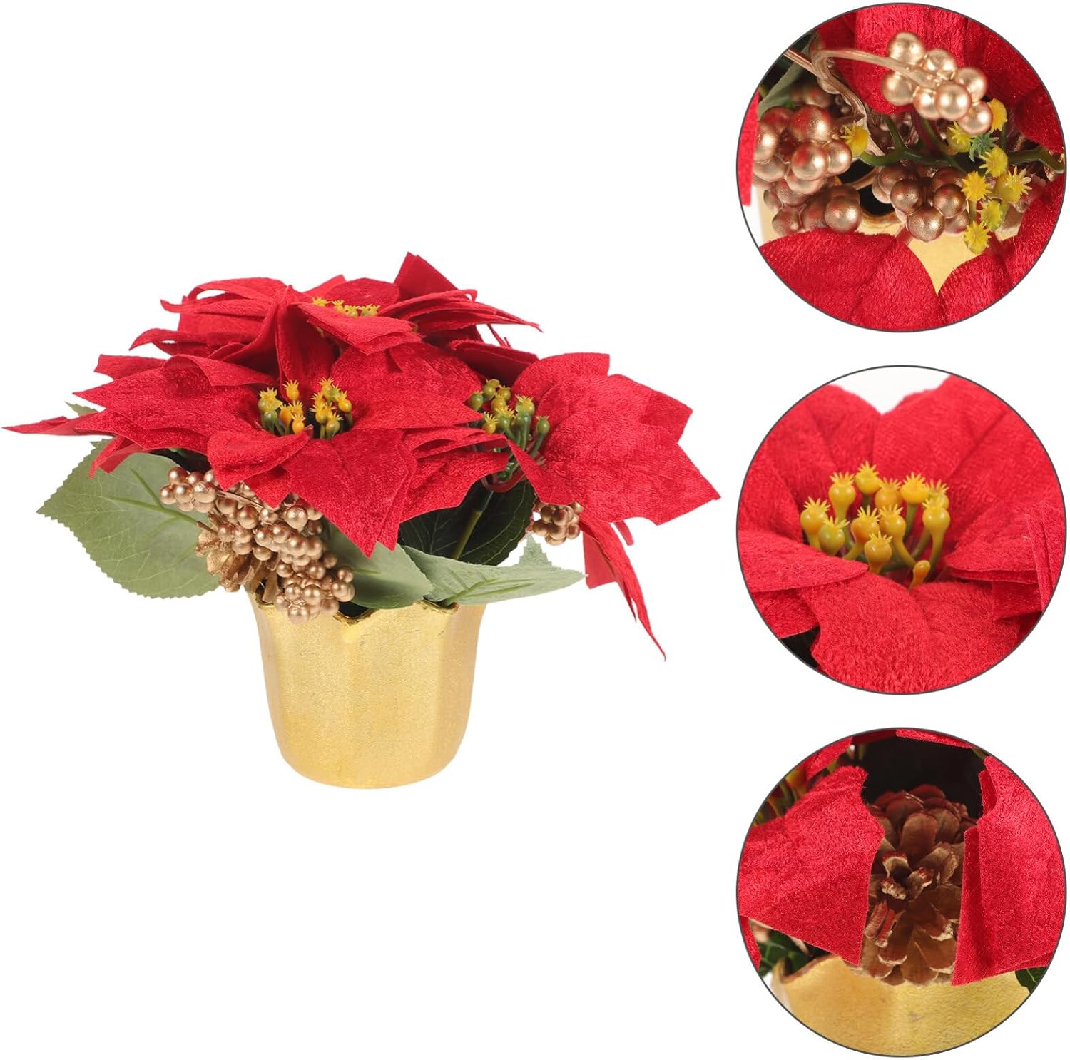 VILLCASE Planta de Pascua roja de Navidad en maceta, flores de Pascua artificiales en jarrón, bayas de pino, decoración de bandeja escalonada de