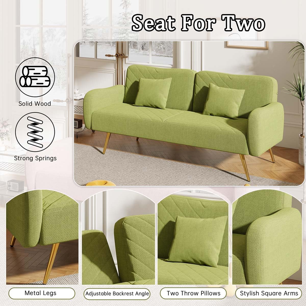 Futón de 70 pulgadas con colchón incluido, sofá cama futón con respaldo dividido y 2 cojines, sofá cama convertible con patas y brazos de metal