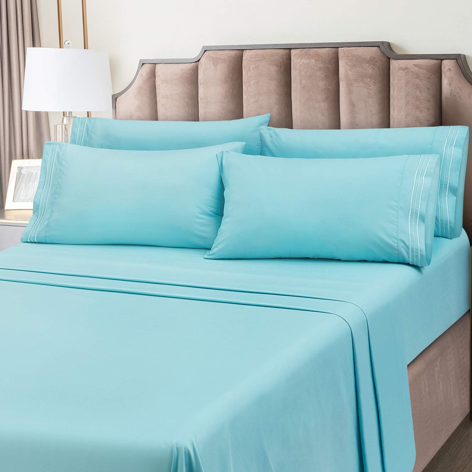 BYSURE Juego de sábanas de hotel de 6 piezas (tamaño matrimonial, azul aguamarina), juego de sábanas de microfibra de 15 pulgadas con fundas de